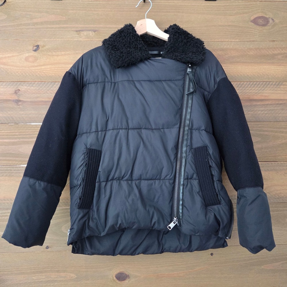 AllSaints Elita Biker Puffa Black Wool Blend Mixed Media Jacket Womens S Small